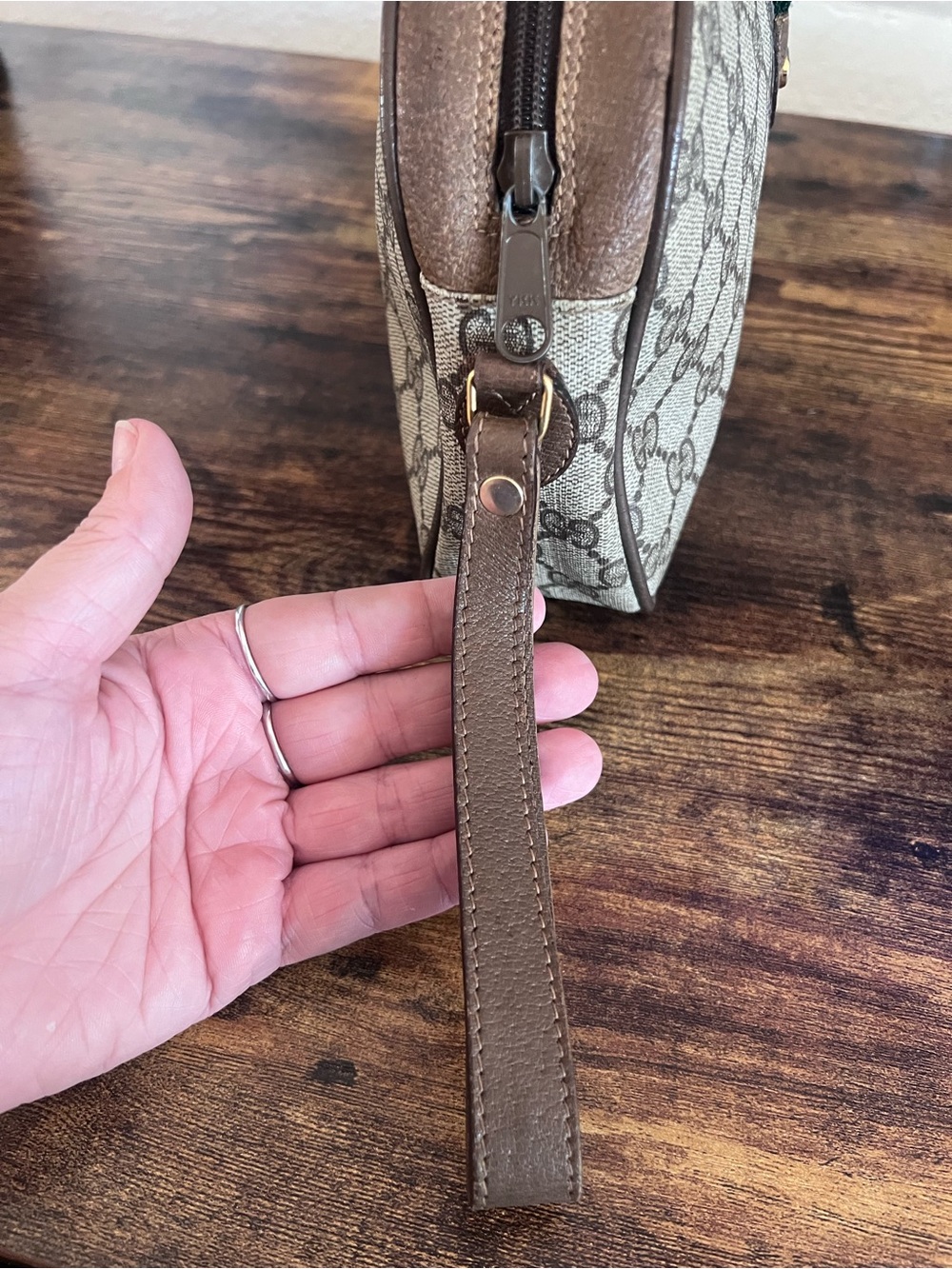 Vintage 80s Gucci Brown GG Supreme Canvas Wristlet with Sherry Line Stripe - Picture 13 of 14